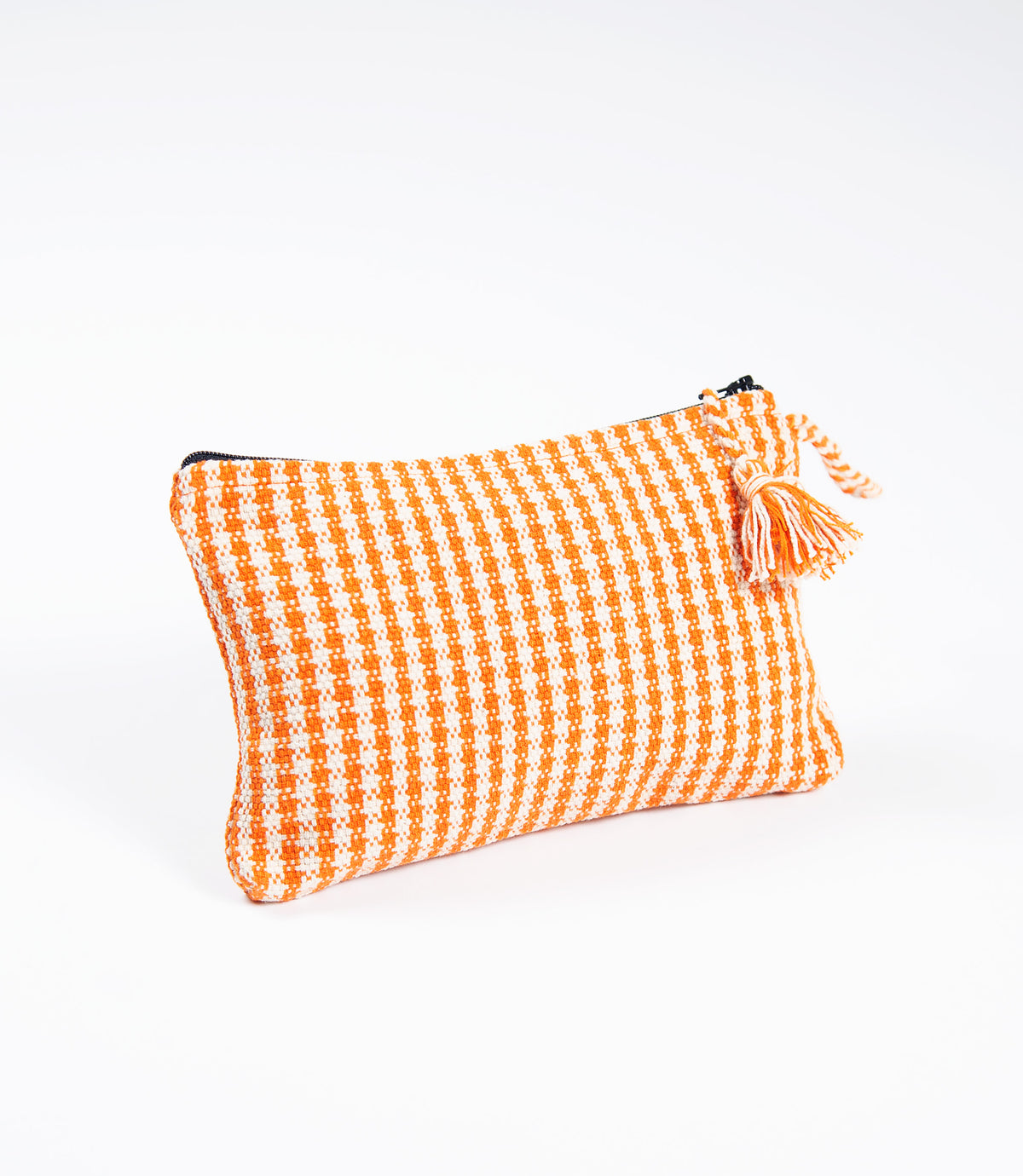 Orange and white checkered pouch with tassel on a white background