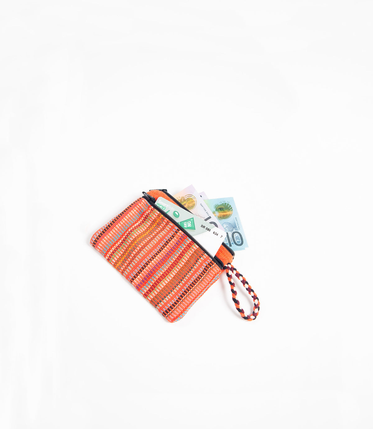 Orange striped wallet with a braided loop on a white background