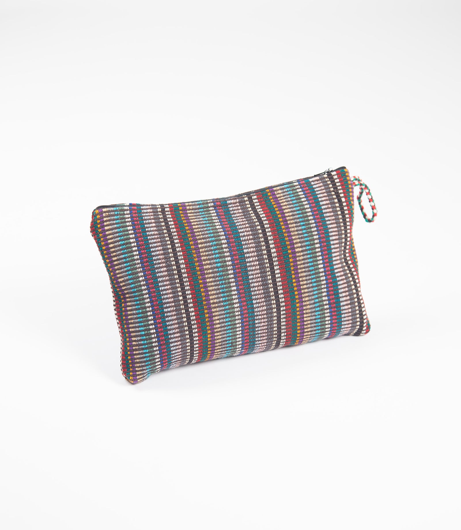 Multicolored striped wash bag on a white background