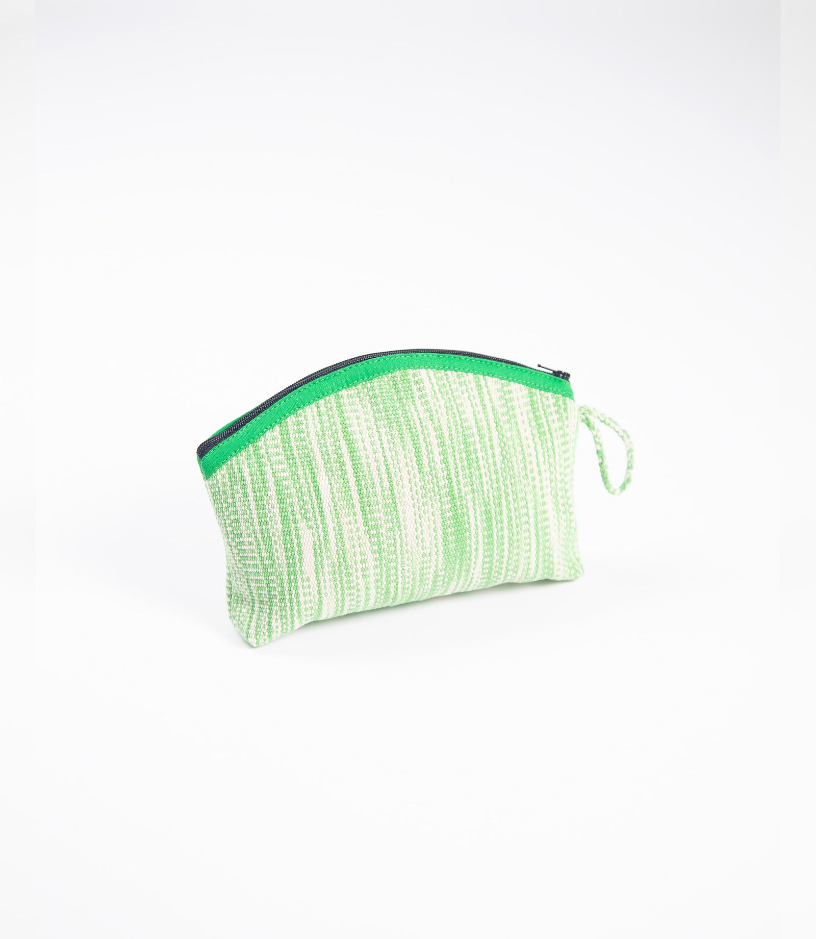 Green and white striped pouch with a zipper on a white background