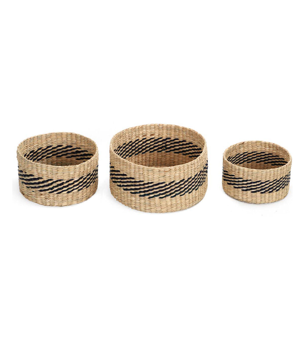 Navy Blue  Wave Pathi Grass Baskets – Set of 3