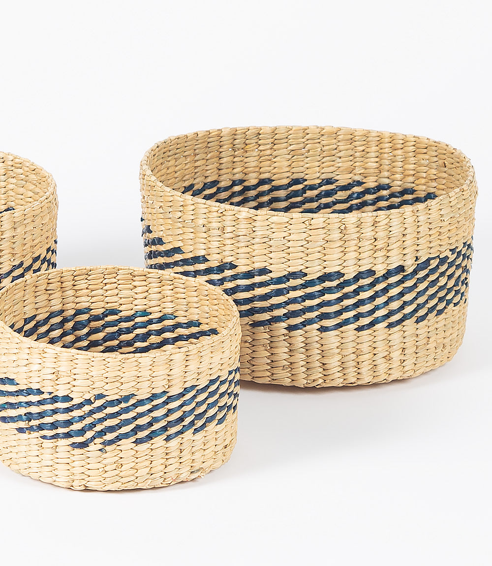 Navy Wave Pathi Grass Baskets – Set of 3
