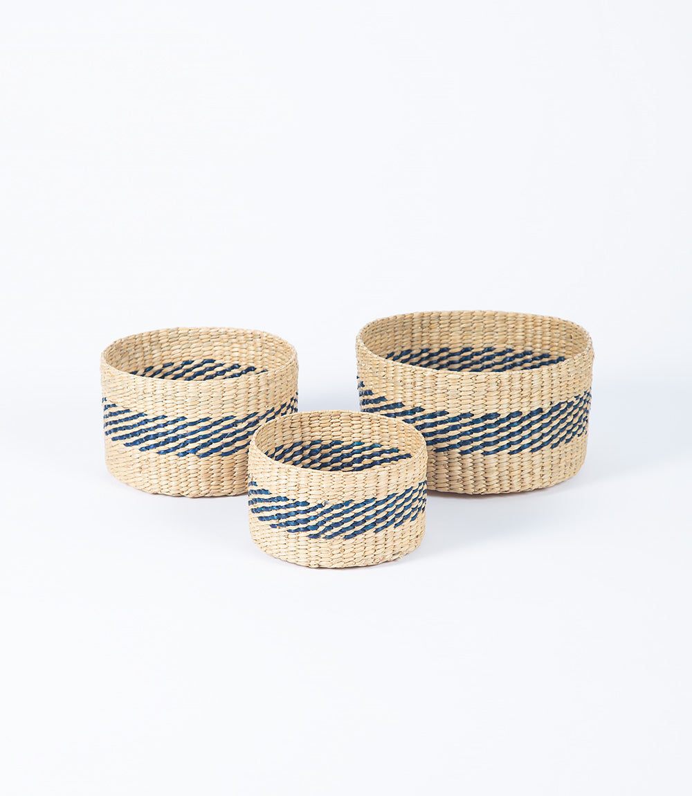 Navy Wave Pathi Grass Baskets – Set of 3