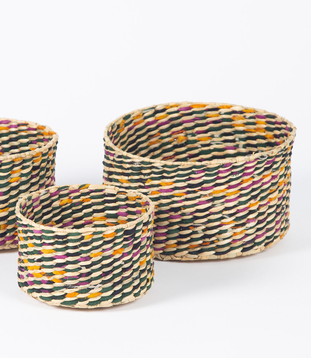 Multi-coloured Recycled Saree &amp; Pathi Grass Baskets – Set of 3