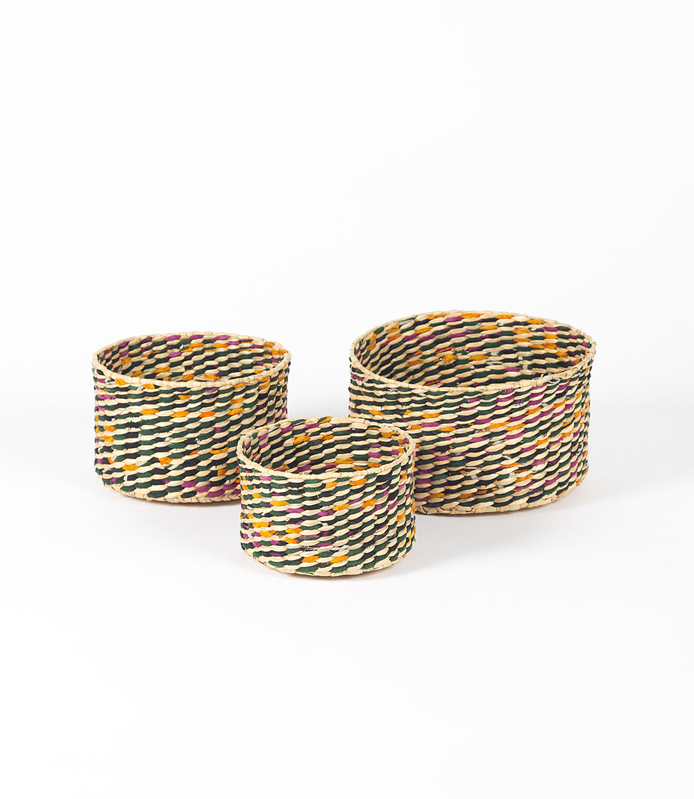 Multi-coloured Recycled Saree &amp; Pathi Grass Baskets – Set of 3