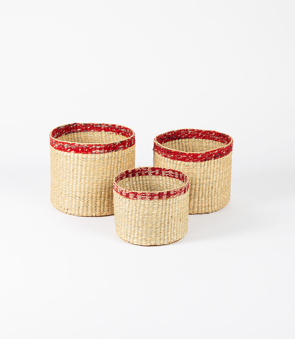 Recycled Sari Rim Pathi Grass Baskets – Set of 3