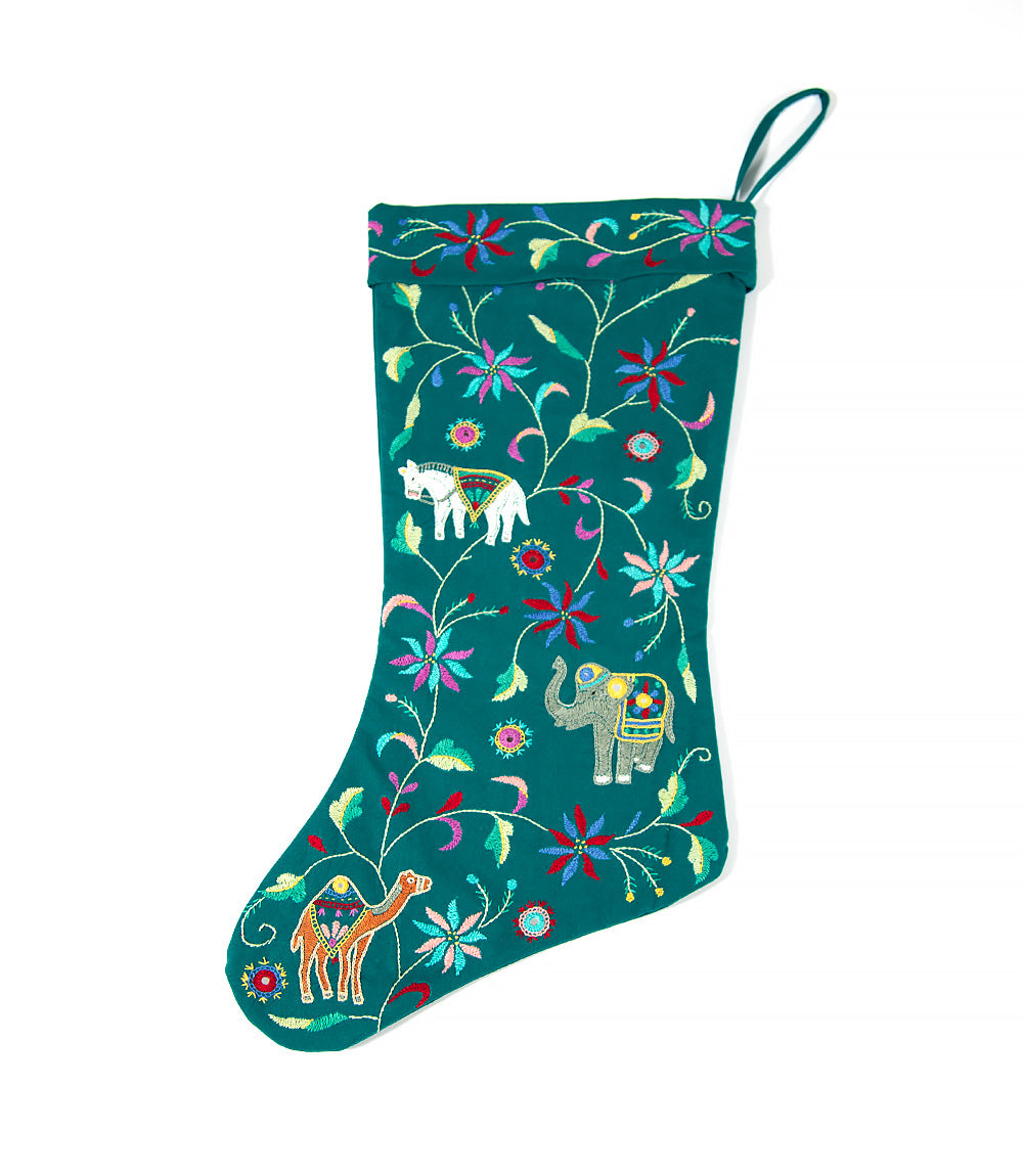 Embroidered festive stocking - green
