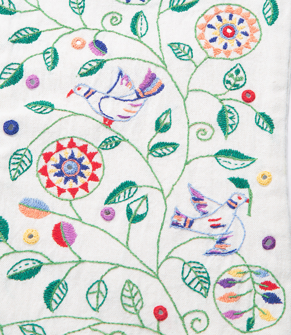 Embroidered fabric with colorful birds and floral patterns on a white background