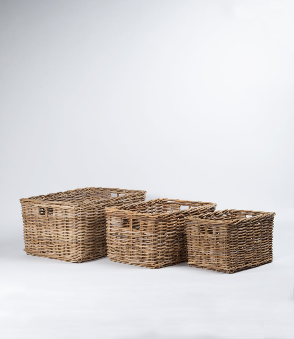 Kubu Rattan Rectangular Storage Basket - Set of 3, Nested