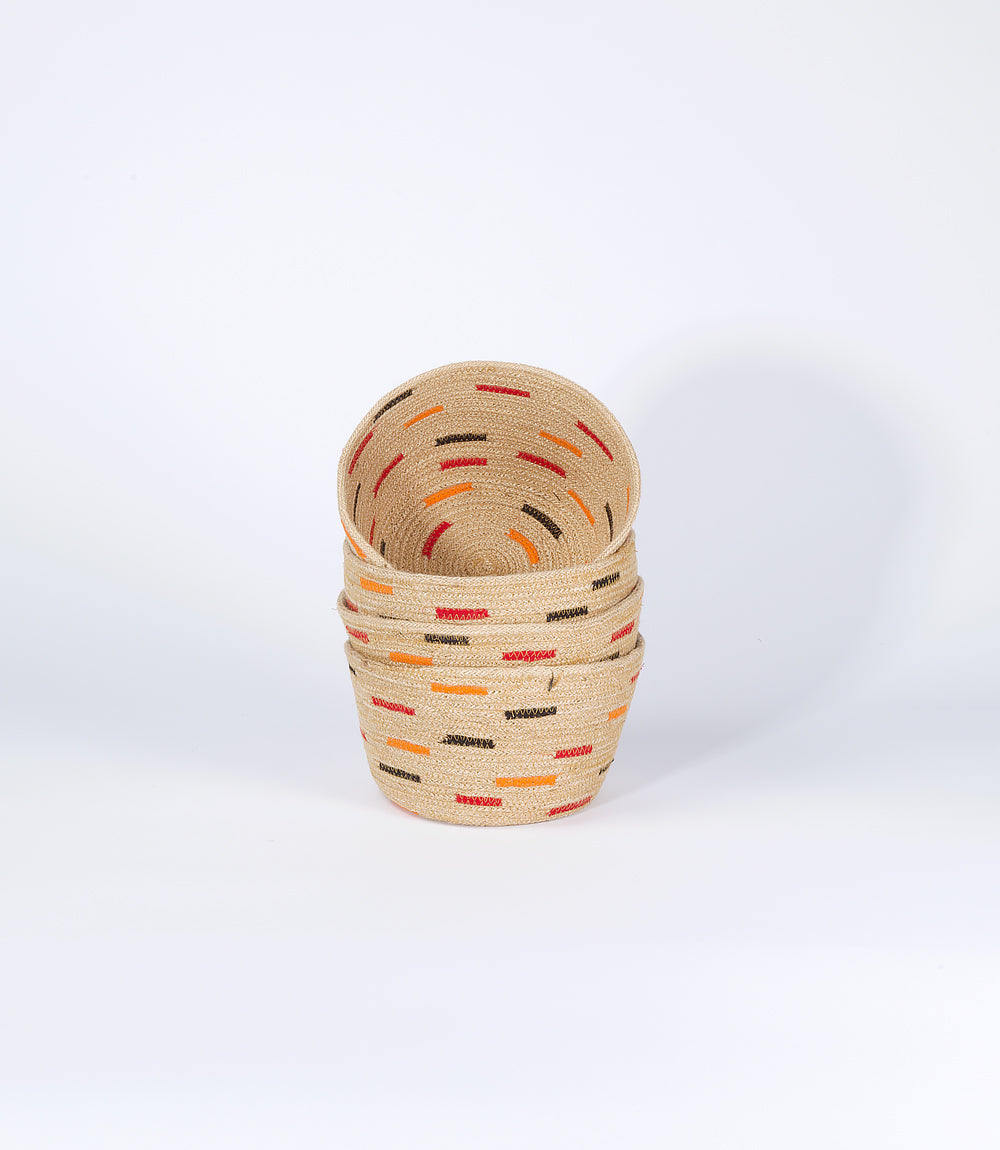 Set of 4 natural jute bowls, with upcycled saree strips.