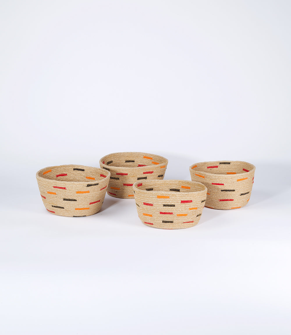 Set of 4 natural jute bowls, with upcycled saree strips.