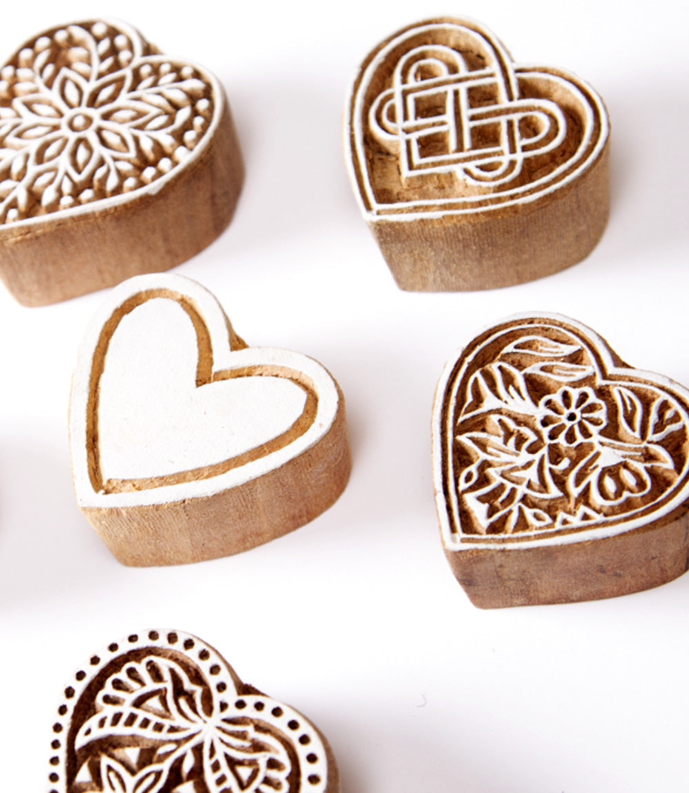 Hearts Wood Print Blocks - Pack of 6